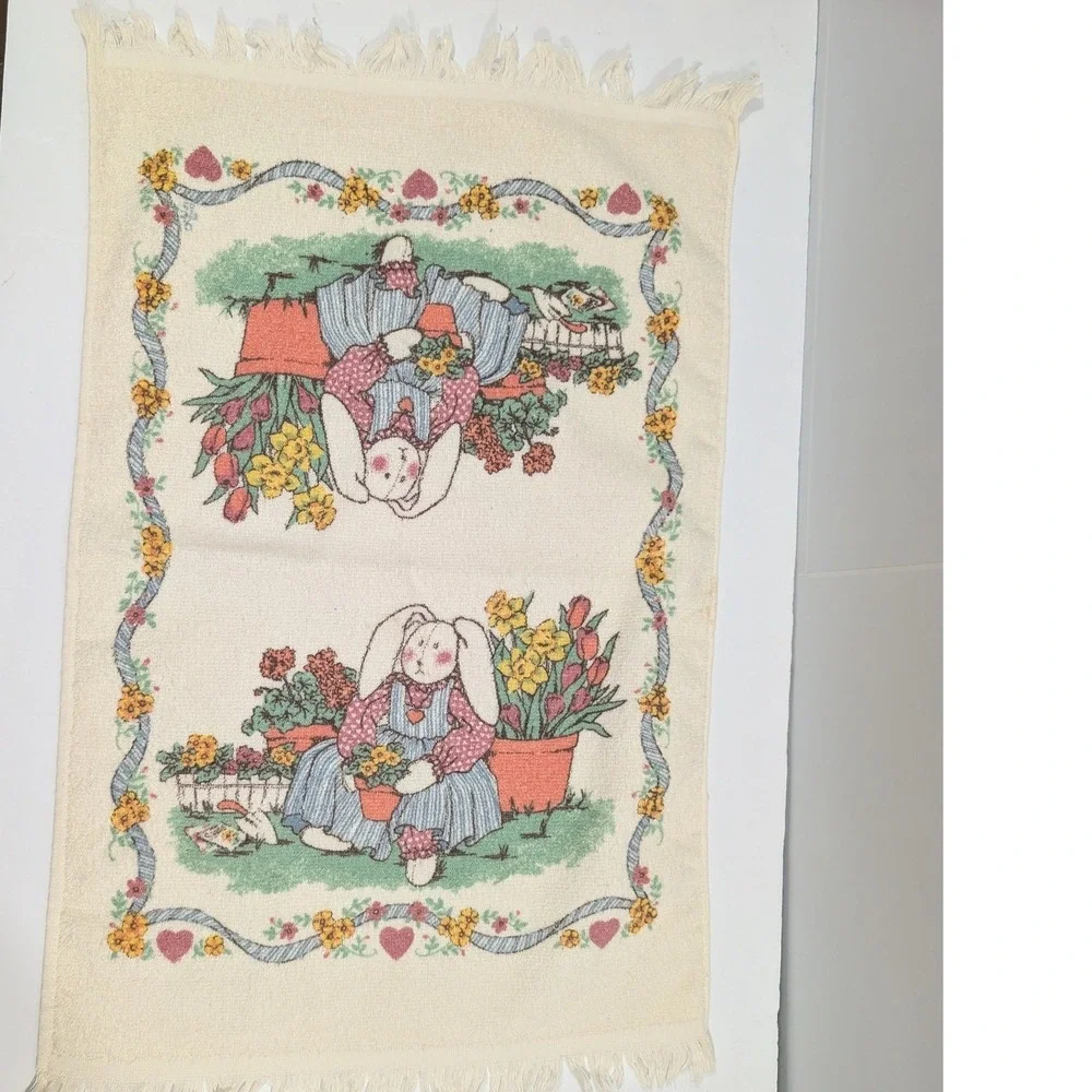 Vintage Easter Bunny Garden Hand Towel Fringe Cream Cottagecore USA Made